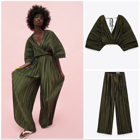NEW Zara RARE 2 Piece Satin Pleated Green Wide Leg Co Ord Outfit Small 4886/270 - Picture 5 of 6